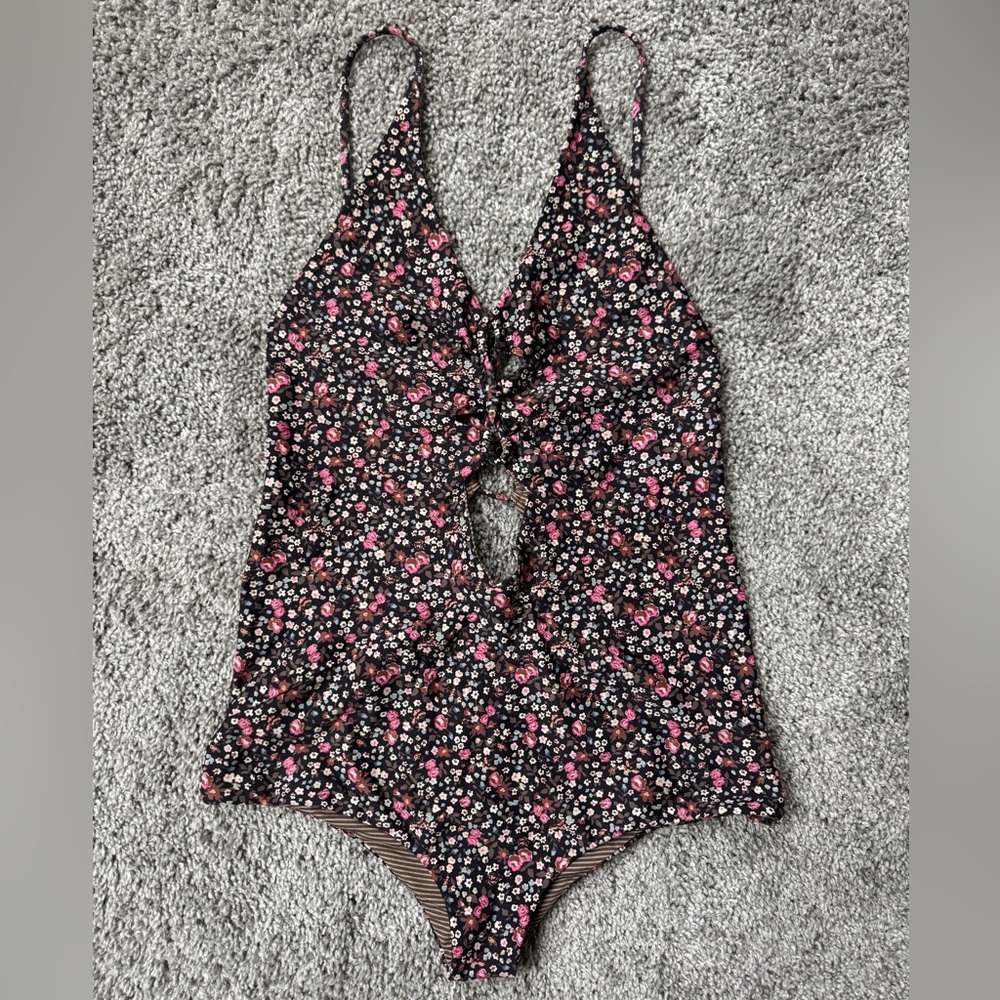 acacia swimwear Black One-Piece with Pink & White Floral Print